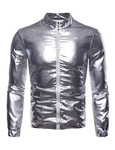 Jueshanzj Herren Metallic Glänzend Jacke mit Reißverschluss Silber L von Jueshanzj