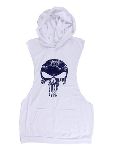 Jueshanzj Herren Tank Top Skull Totenkopf T-Shirt mit Kapuze Weste Muscleshirt Print Sport Vest Weiß XL von Jueshanzj