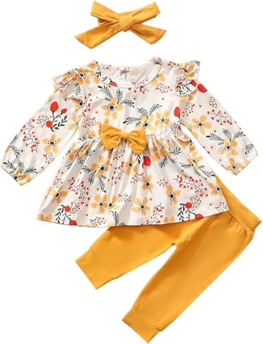 Juflam Baby Mädchen Kleidung Bow Floral Rüsche Langarm Top+ Hosen+Stirnband 3Pcs Bekleidungssets (12-18Monate) von Juflam