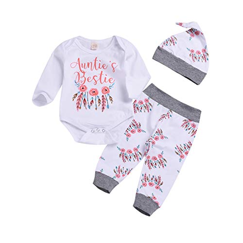 Juflam Baby Mädchen Kleidung Tante Bestie Strampler Top+Floral Pants+Hat 3Pcs Baby Tante Bekleidungssets (18–24 Monate) von Juflam