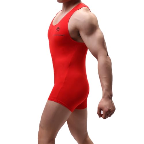 Juflam Herren Modal Baumwolle Einteiliger Bodysuit Wrestling Singlet Athletische Leotard Unterwäsche Gym Sportswear Unterhemd (rot, XL) von Juflam