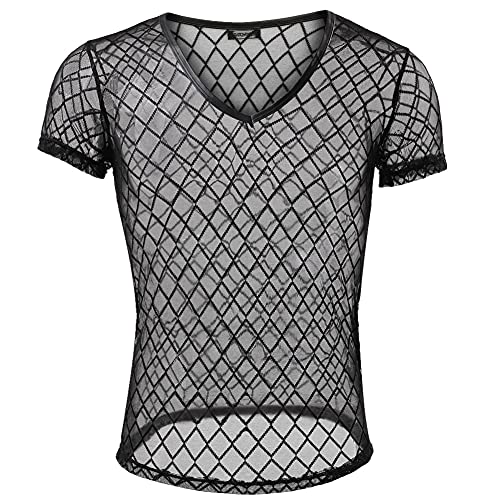 Juflam Herrenmode Fishnet Durchsichtig Tank Top Muskeltraining T-Shirt Mesh Transparente T-Shirts Top (Large, WH51-schwarz) von Juflam