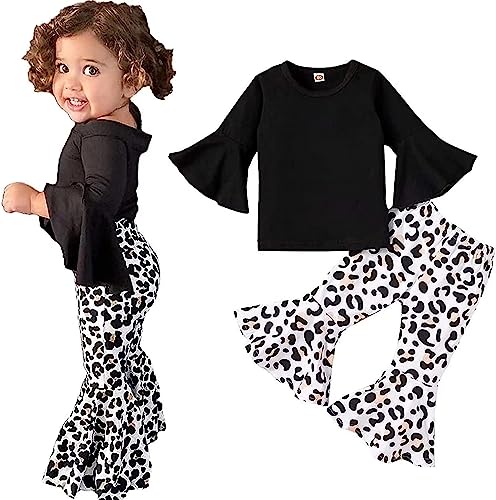 Juflam Kleinkind Baby Mädchen Kleidung ausgestellte Ärmel Top T-Shirt Leopard Floral Hosen Bell Bottom Hosen Outfit Set (5–6T) von Juflam