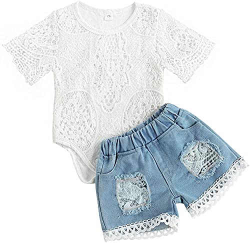 Juflam Kleinkind Kleinkind Baby Mädchen Kleidung Bestickte Spitze Strampler Zerrissene Jeans Denim Hosen Outfit Set (Weiß-kurz, 0-6 Monate) von Juflam
