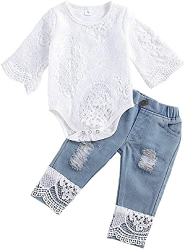 Juflam Kleinkind Kleinkind Baby Mädchen Kleidung Bestickte Spitze Strampler Zerrissene Jeans Denim Hosen Outfit Set (Weiß-lang, 18-24 Monate) von Juflam