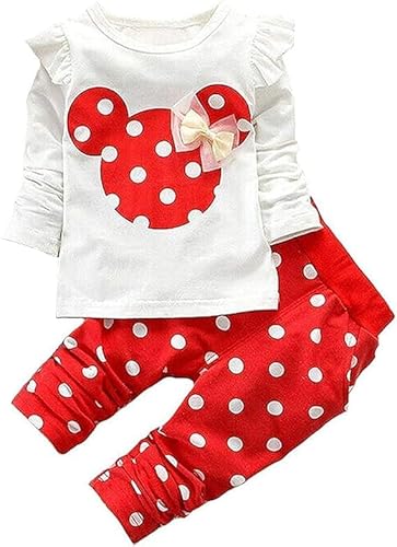 Juflam Nette Kleinkind Baby Mädchen Kleidung Set Rüschen Langarm T-Shirt+ Hose 2Pcs Bekleidungssets(rot, 6-9 Monate) von Juflam