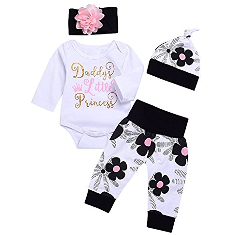 Juflam Nettes Neugeborenes Kinder Baby Mädchen Outfit Daddy Little Princess Strampler + Blumen Hose + Hut + Blumenstirnband 4er Set (0-3 Monate) von Juflam