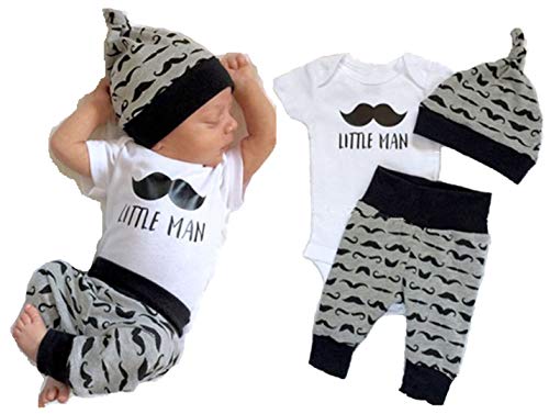 Juflam Neugeborene Baby Boy Kleidung Kleiner Mann Top Strampler Hosen Legging+ Hut 3Pcs Outfit Set (0–6 Monate) von Juflam