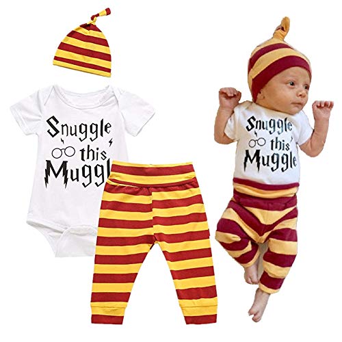Juflam Neugeborene Baby Jungen Kleidung Snuggle This Muggle Body +Hosen Legging+ Hut 3Pcs Bekleidungssets (Weiß Kurzarm, 6–9 Monate) von Juflam