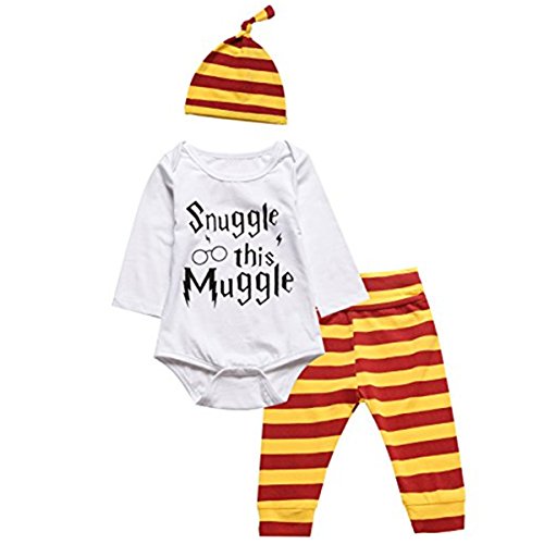 Juflam Neugeborene Baby Jungen Kleidung Snuggle This Muggle Body +Hosen Legging+ Hut 3Pcs Bekleidungssets (Weiß Langarm, 12–18 Monate) von Juflam