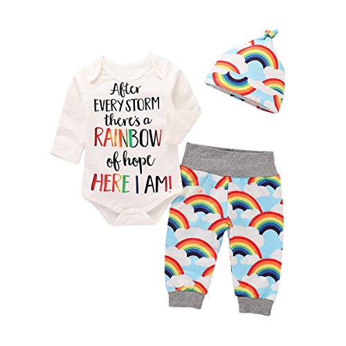 Juflam Neugeborene Baby Jungen Mädchen Strampler+Regenbogen Hosen+Hut 3 tlg Babykleidung Set (0–6 Monate) von Juflam