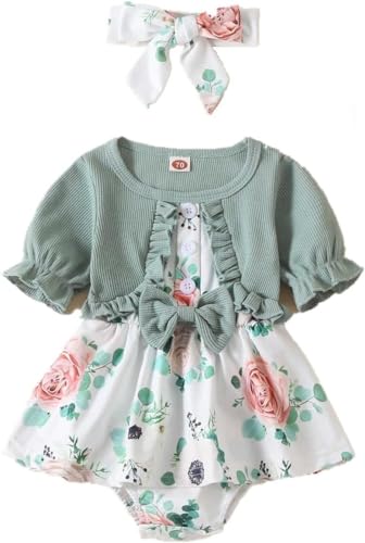 Juflam Neugeborene Baby Mädchen Strampler Kleider Set Kurzarm Floral Rüsche Bogen Overall Bodysuit Onesie Floral Rock Saum Bekleidungssets von Juflam
