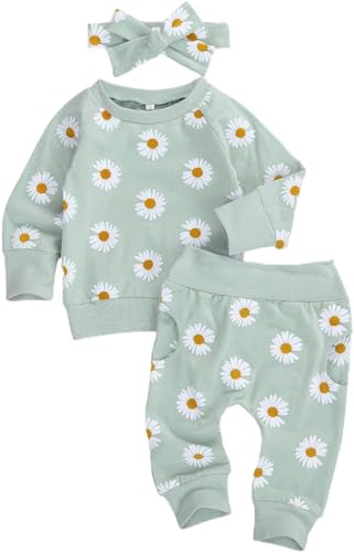 Juflam Neugeborene Säugling Baby Mädchen Kleidung Langarm Daisy Blume Sweatshirt+Hosen+DIY Stirnband Outfit Kleidung Set (grün, 0-6 Monate) von Juflam
