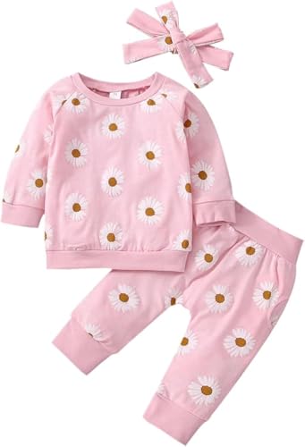 Juflam Neugeborene Säugling Baby Mädchen Kleidung Langarm Daisy Blume Sweatshirt+Hosen+DIY Stirnband Outfit Kleidung Set (pink, 12-18 Monate) von Juflam