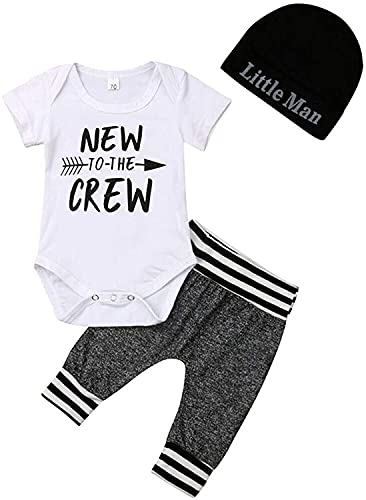 Juflam Neugeborenes Baby Jungen Kleidung New to The Crew Strampler + Hut + Hose 3 tlg Bekleidungssets (Weiß Kurz, 0–6 Monate) von Juflam