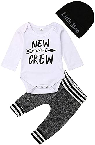 Juflam Neugeborenes Baby Jungen Kleidung New to The Crew Strampler + Hut + Hose 3 tlg Bekleidungssets (Weiß Lang, 0–6 Monate) von Juflam