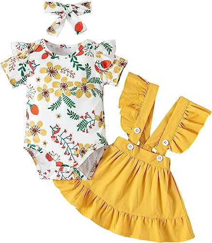 Juflam Neugeborenes Baby Mädchen Floral Straps Rock Outfits Kurzarm Rüschen Strampler Kleid Kleidung Set von Juflam