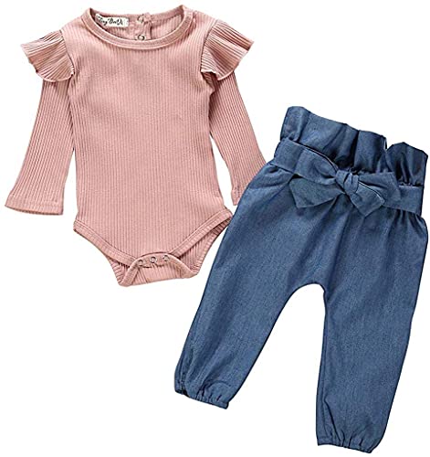 Juflam Neugeborenes Baby Mädchen Kleidung Rüschen Strampler + Schleife Denim Hosen Outfits Set (12-18 Monate) von Juflam