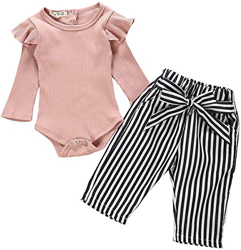Juflam Neugeborenes Baby Mädchen Kleidung Rüschen Strampler + Schleife Denim Hosen Outfits Set (12–18 Monate) von Juflam