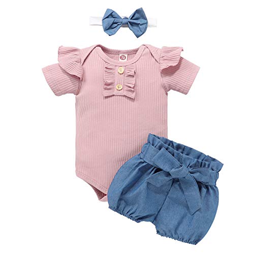 Juflam Neugeborenes Baby Mädchen Kleidung Rüschen Strampler + Schleife Denim Hosen Outfits Set von Juflam