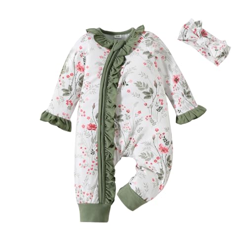 Juflam Neugeborenes Baby Mädchen Strampler Einteilige Lange Ärmel Pullover mit Reißverschluss mit Stirnband Set (12–18Monate, grün) von Juflam