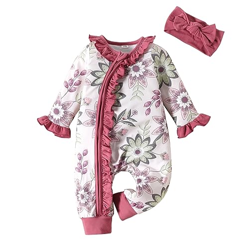 Juflam Neugeborenes Baby Mädchen Strampler Einteilige Lange Ärmel Pullover mit Reißverschluss mit Stirnband Set (12–18Monate, lila) von Juflam