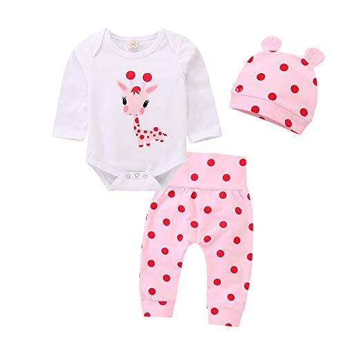 Juflam Süßes Neugeborenes Baby Mädchen Kleidung Giraffe Strampler + rosa gepunktete Hose + Hut Outfit Set Gr. 68, Langärmlig von Juflam