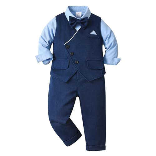 Jugaoge Baby Jungen Anzug für Hochzeit Party 4Pcs Kleidung Set aus Langarm Hemd und Anzugweste Lange Hose Krawatte Fotoshooting Outfits Blau 92-98 von Jugaoge