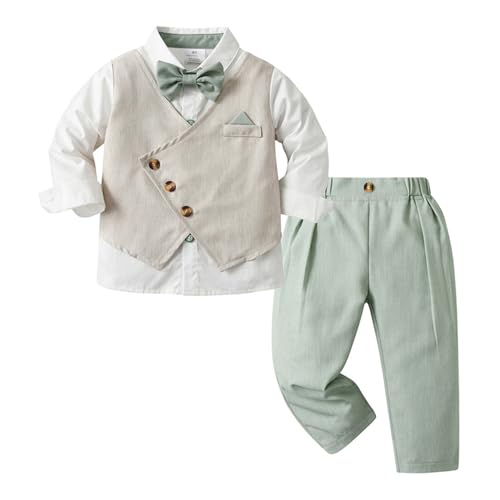 Jugaoge Baby Jungen Anzug für Hochzeit Party 4Pcs Kleidung Set aus Langarm Hemd und Anzugweste Lange Hose Krawatte Fotoshooting Outfits Grün 116-122 von Jugaoge