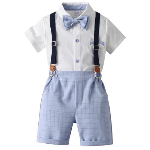 Jugaoge Baby Jungen Sommer Festlich Kleidung Set Kurzarm Oxford Hemd + Fliege + Kurze Hose mit Hosenträger Elegant Anzug Sakko zur Geburtstag Party Hellblau 92-98 von Jugaoge