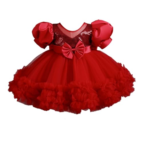 Jugaoge Baby Mädchen Kleider zur Geburtstag Hochzeit Sommer Kurzarm Pailletten Partykleid Tüllkleid mit Bowknot Taufkleider Blumenmädchenkleider Rot 92-98 von Jugaoge