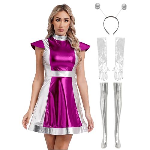 Jugaoge Damen Alien Kostüm Glänzend Kleid Farbblock Lack Leder Partykleid mit Haarreifen Lange Handschuhe und Kniestrümpfe Gogo Clubwear Hot Pink XXL von Jugaoge