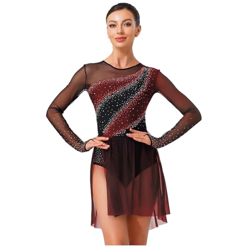 Jugaoge Damen Eiskunstlauf Kleider Langarm Kürkleid Glitzer Tanzkleider Durchsichtig Spleiß Gymnastikanzug Turnanzug mit Mesh Rock Burgundy M von Jugaoge