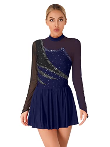 Jugaoge Damen Eiskunstlauf Kleider Langarm Kürkleid Glitzer Tanzkleider Mesh Spleiß Gymnastikanzug Turnanzug mit Tutu Röckchen Navy blau S von Jugaoge