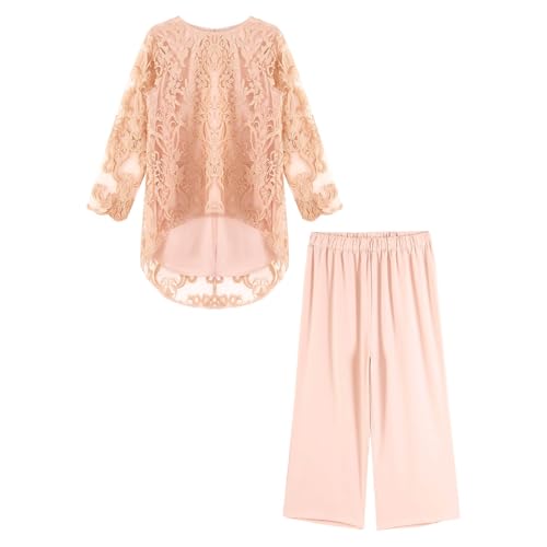 Jugaoge Damen Elegant Abendanzug Chiffon Hosenanzug Große Größe Lace Shirt Top mit Lange Weite Hose Sommer Loose Fit Pants für Cocktail Party Outfits Korallenrosa 3XL von Jugaoge