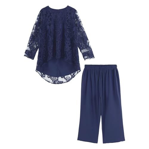 Jugaoge Damen Elegant Abendanzug Chiffon Hosenanzug Große Größe Lace Shirt Top mit Lange Weite Hose Sommer Loose Fit Pants für Cocktail Party Outfits Navy blau 4XL von Jugaoge
