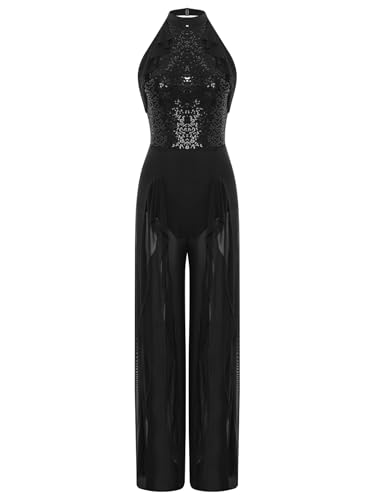 Jugaoge Damen Glänzend Body Neckholder Jumpsuit Overall Pailletten Top und Lange Hose mit Beinschlitz Modern Tanzbekleidung Cha Cha Samba Salsa Schwarz M von Jugaoge