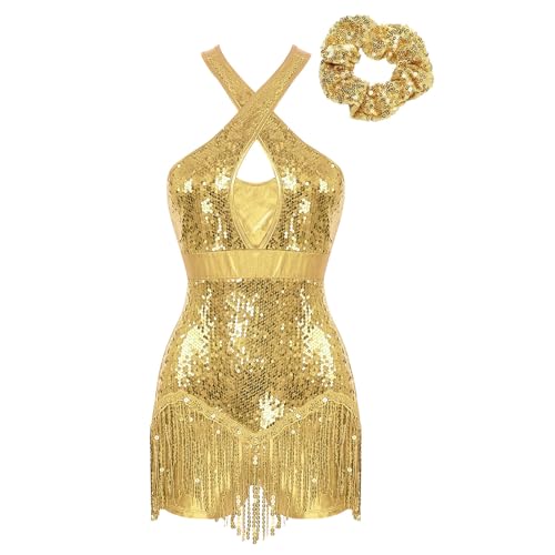 Jugaoge Damen Glänzend Latein Kleider mit Haargummi Metallic Ballett Tanz Trikot Anzug Body mit Fransen Rock Modern Jazz Wettbewerb Outfits Gold XL von Jugaoge