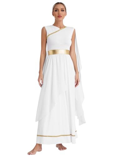 Jugaoge Damen Griechische Göttin Kostüm Farblock Midikleid Römische Toga Königin Cosplay Uniformen Goldene Gürtel Weihnachten Engel Outfits Weiß XL von Jugaoge