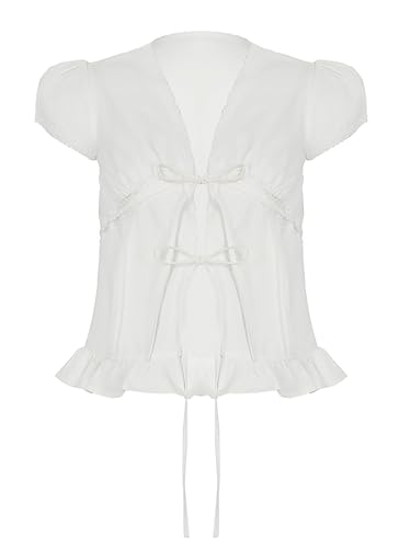 Jugaoge Damen Halbarm Hemd Slim Fit Figurbetond Bluse Kurz Bauchfrei Button Down Shirts zum Knoten Geschäftsfrau Business Outfits Oberteil Weiß A L von Jugaoge