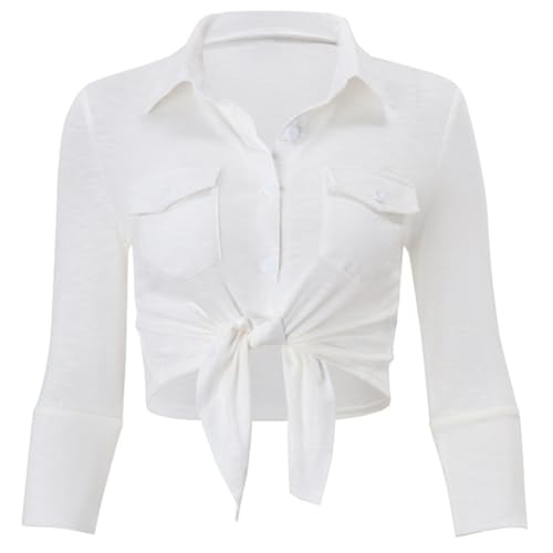 Jugaoge Damen Halbarm Hemd Slim Fit Figurbetond Bluse Kurz Bauchfrei Button Down Shirts zum Knoten Geschäftsfrau Business Outfits Oberteil Weiß S von Jugaoge