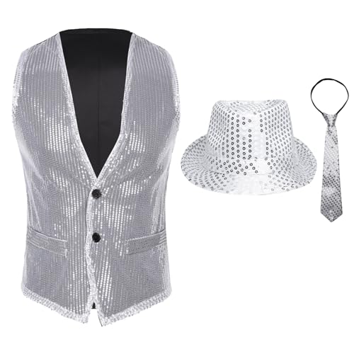 Jugaoge Damen Herren Pailletten Weste Ärmellos V-Ausschnitt Anzugweste Kurz Gilet mit Hut und Krawatte Hochzeit Party Disco Tanz Outfits Silber M von Jugaoge