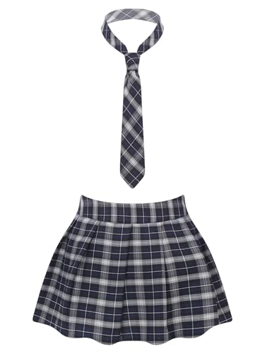 Jugaoge Damen Kurzer Kariert Rock mit Krawatte Schulmädchen Cosplay Uniform Hot Minirock Karomuster Faltenrock Plissee Röckchen Navy blau M von Jugaoge