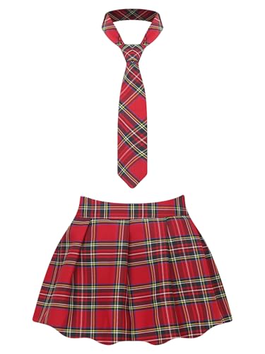 Jugaoge Damen Kurzer Kariert Rock mit Krawatte Schulmädchen Cosplay Uniform Hot Minirock Karomuster Faltenrock Plissee Röckchen Rot L von Jugaoge