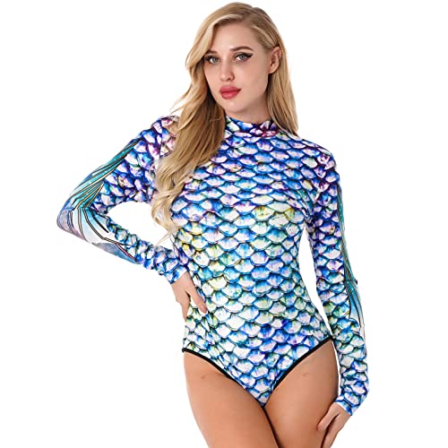 Jugaoge Damen Langarm Body mit Fischschuppen Print Slim Fit Bodycon Langarmshirt Bodysuit Einteiler Badeanzug Rash Guard Bademode Bunt L von Jugaoge