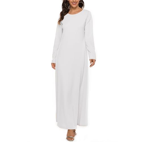Jugaoge Damen Langarm Muslim Kleid Kaftan Islamisch Dubai Robe Tunika Freizeitkleid Basic Einfarbig Maxikleid Herbst Winter Outfits Weiß XXL-3XL von Jugaoge
