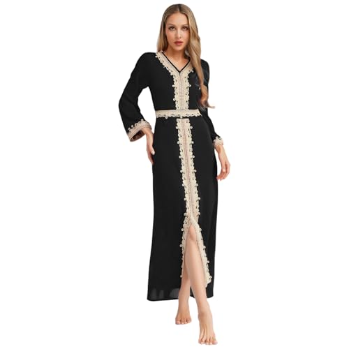Jugaoge Damen Langarm Muslim Kleid Kaftan Islamisch Dubai Robe Tunika mit Spitzen Saum Elegant Maxikleid Frühling Herbst Outfits Schwarz M von Jugaoge