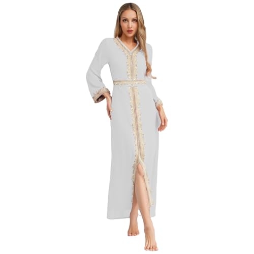 Jugaoge Damen Langarm Muslim Kleid Kaftan Islamisch Dubai Robe Tunika mit Spitzen Saum Elegant Maxikleid Frühling Herbst Outfits Weiß M von Jugaoge