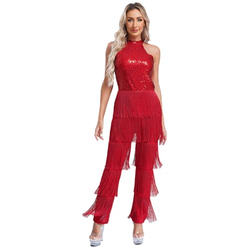 Jugaoge Damen Latein Body Neckholder Jumpsuit Overall Pailletten Top und Lange Hose mit Fransen Einteiler Tanzbekleidung für Cha Cha Samba Salsa Burgundy XXL von Jugaoge