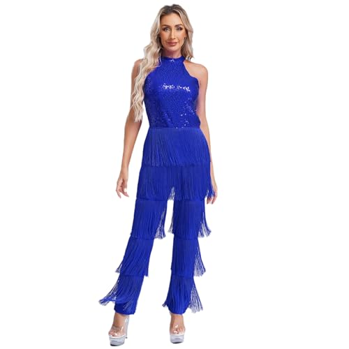 Jugaoge Damen Latein Body Neckholder Jumpsuit Overall Pailletten Top und Lange Hose mit Fransen Einteiler Tanzbekleidung für Cha Cha Samba Salsa Königsblau XL von Jugaoge